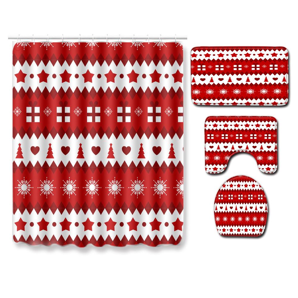 Christmas Shower Curtain Floor Mat Combination Four-Piece Set Bathroom Toilet Carpet Shower Room Mat Foot Mat