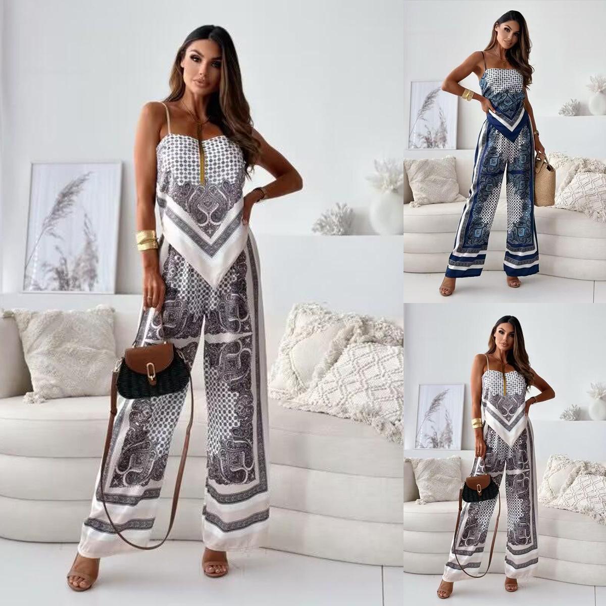 

Summer Women s Fashion Printed Sleeveless Strap Wrap Chest Sexy Strap Open Back+Positioning Flower Pants Set Two Piece Set S темно-синього кольору
