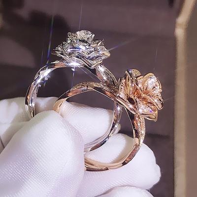 Two-tone Rose Flower Decor Finger Ring Sparkling Cubic Zirconia Inlaid Delicate Handcrafted Finger