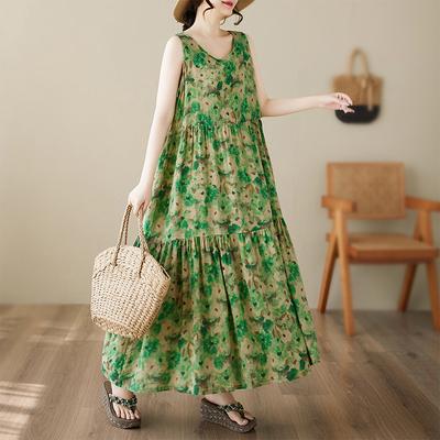 DIMANAF Plus Size Dress Summer Women Vintage Linen Elegant Style Sleeveless Floral Loose New Long Dress