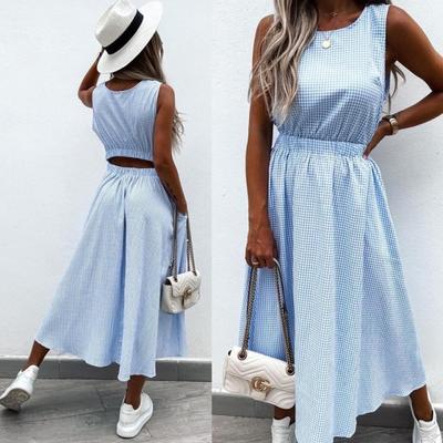 Elegant Fashion Plaid Print Lady Dress Summer Casual Pocket Back A-Line Party Dress Women Fashion Loose Beach Dress