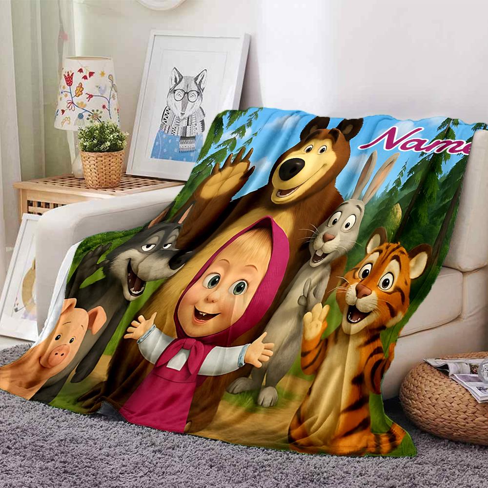 Custom Name Forest Friends Adventure flannel Blanket for Super Soft Cute Comfort Blanket for Travel Bedding Couch Sofa Blanket