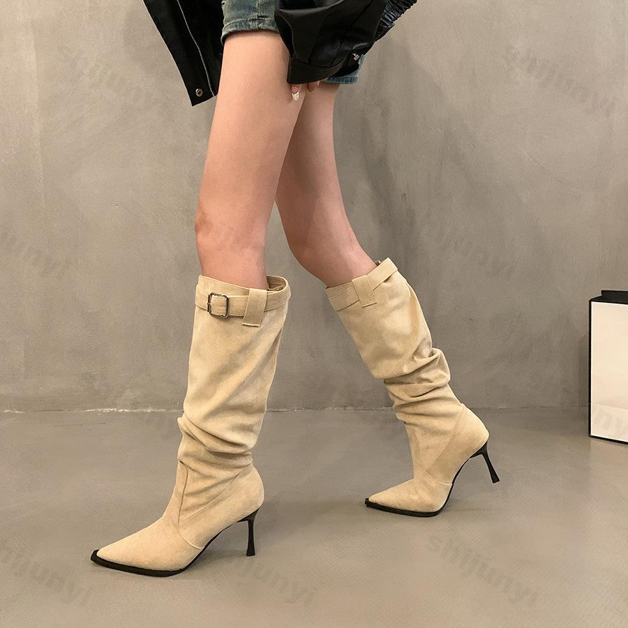 Pleated Faux Suede Knee-High Boots Women Fashion Buckle Pointed Slip-On Western Cowboy Boots Woman Thin Heels Long Botas Mujer