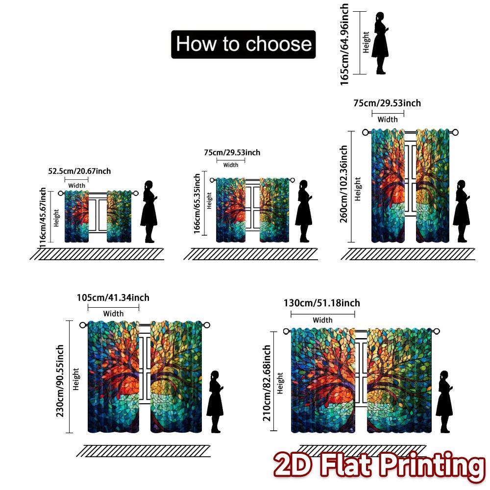 2pcs, 2D FLAT PRINTING Curtains (Without Rod) Colorful Tree Mosaics Popular Curtain Cloth Machine Washable Fabric Curtains