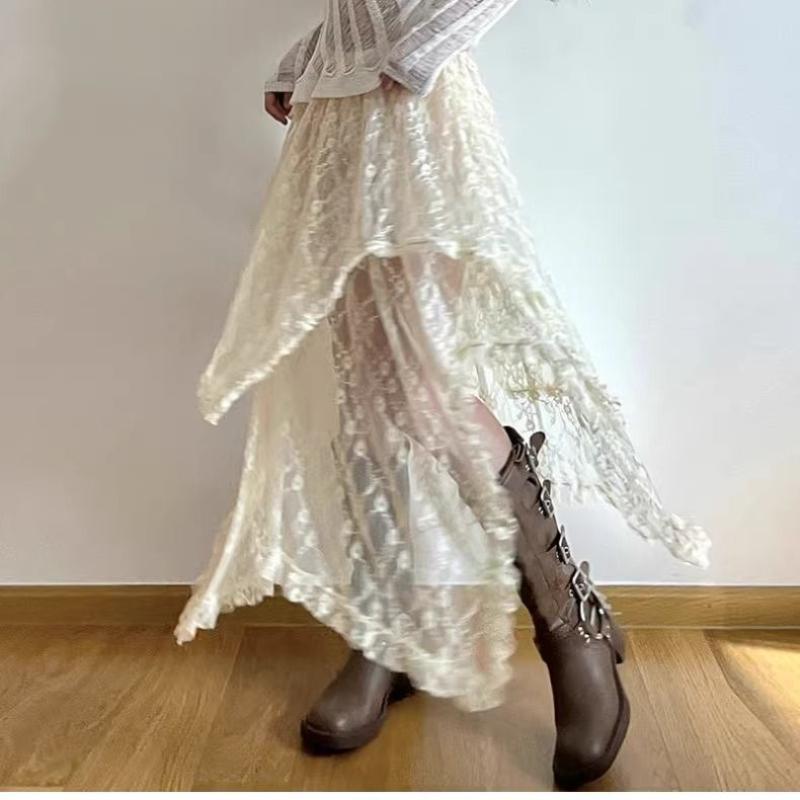 Women Vintage Y2K  Lace Asymmetrical Skirt Fairycore  Boho Aesthetic Fashion High Waist Skirts Lady Holiday Outfits