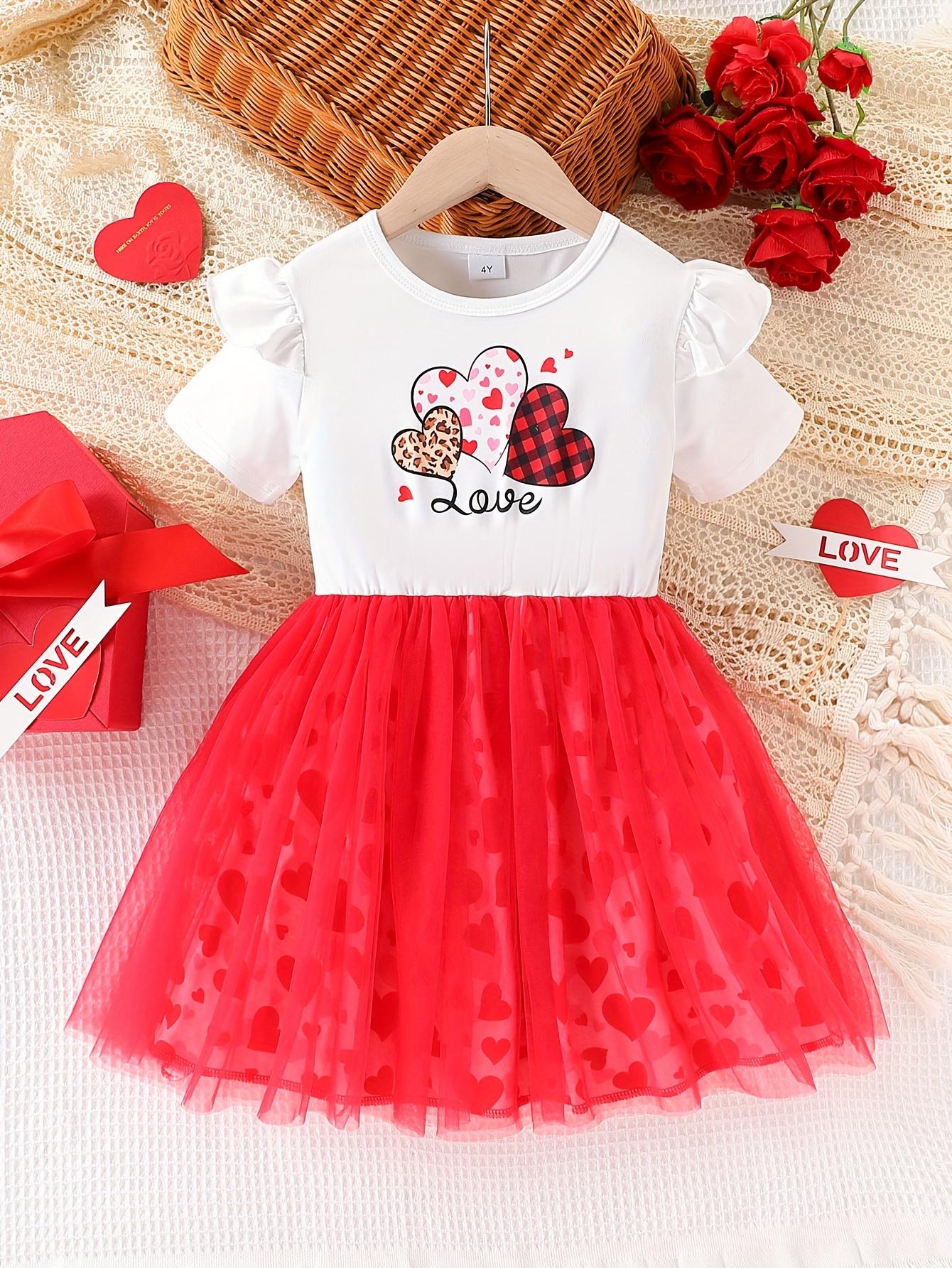 

Girls Dress 4-7 Years Short Sleeve Lace Trim Heart Print Double Layer Tulle Waist Tie 4Y красный