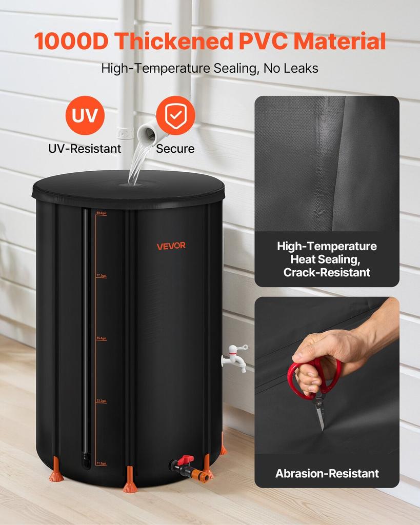 Faltbarer Regentonnen, 380 L Tragbarer Regenwassersammeltonne, 1000D PVC Regenwassersammelsystem, Gartenwasserauffangbehälter Lagerung