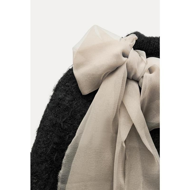 Autumn and Winter New Women Clothes Western Style Organza Bowknot Decoration Short Knitted Top 2756127