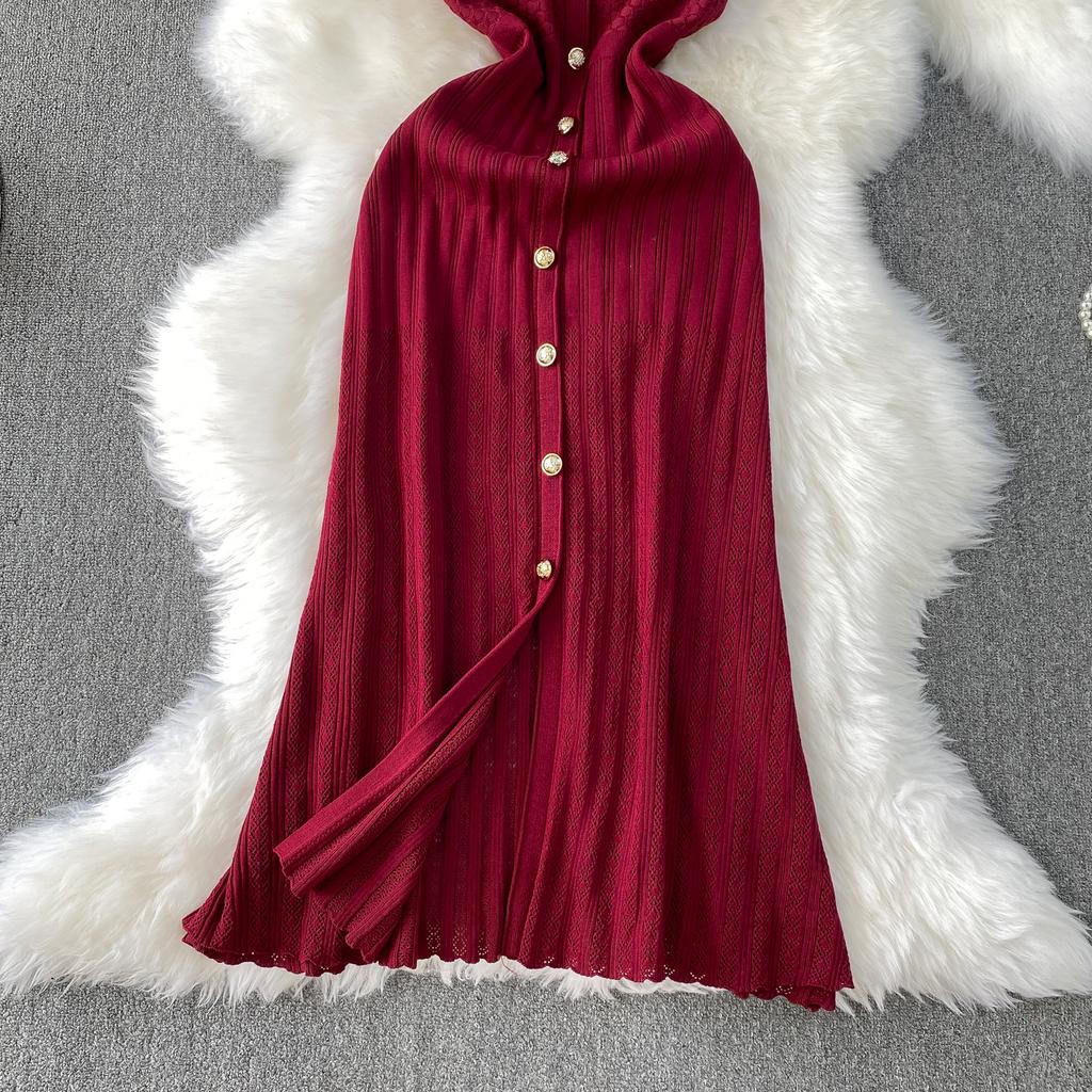 Summer Women O-neck Sleeveless Single Breasted Knitted Mid-calf Slim Tank Sweater Dresses