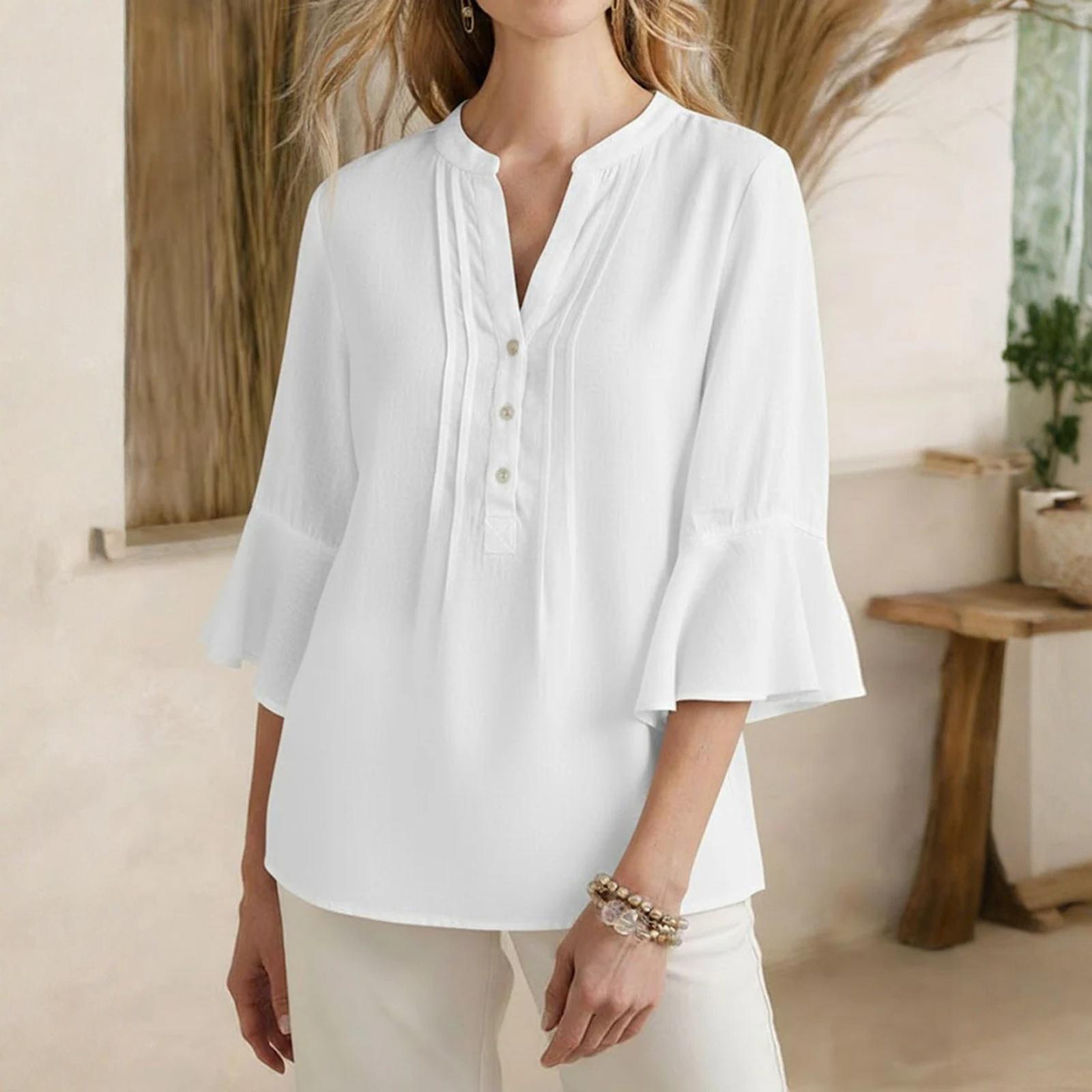 

Fashionable Women s Leaf Seven Quarter Sleeved Top Color Fashionable Casual Loose V-neck Shirt M белый