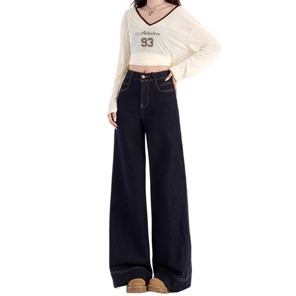 Women's High Waist Wide Leg Straight Jeans Non Stretch Dark Denim Trousers Vintage Washed Warm Fleece Lined Casual Japanese Korean Style Fall Bottoms