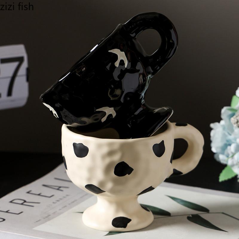 Retro Creative Ceramic Mug Hand Drawn Irregular High Legged Coffee Mug Milk Tea Cup Beverage Cup Household Tea Cup Water Cups