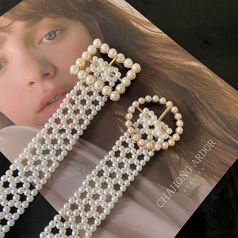 Pearl Ladies Belt Elastic Beaded Waist Chain Women'S, Simple Rhinestone Inlaid Square Buckle Waist Seal Tide