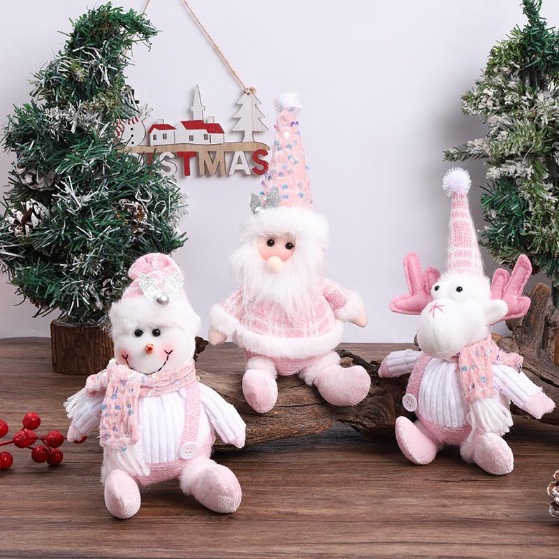 Cute Pink Plush Snowman And Reindeer Figurines For Joyful Christmas Decoration