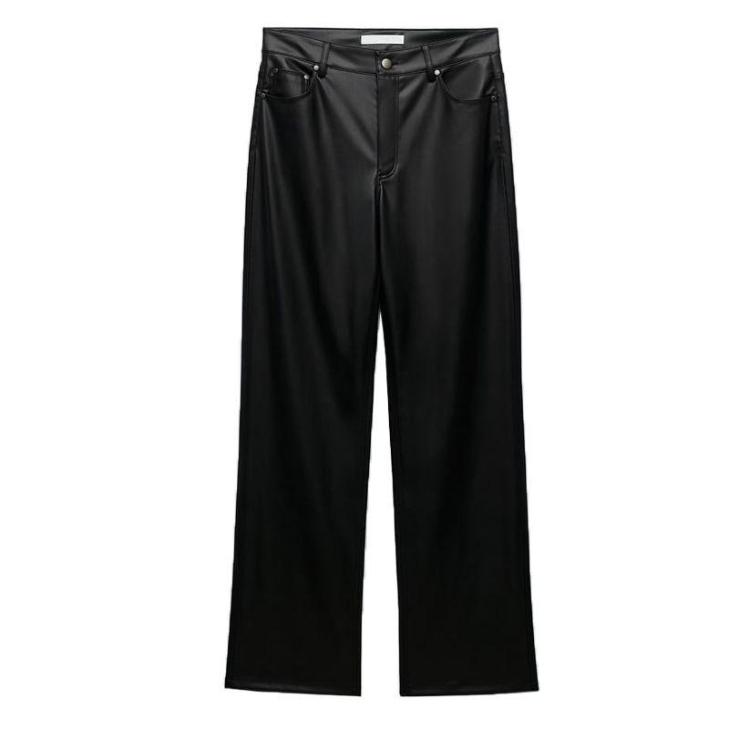 

Autumn New Fashion Commuter Loose Faux Leather High-Waisted Trousers Black L