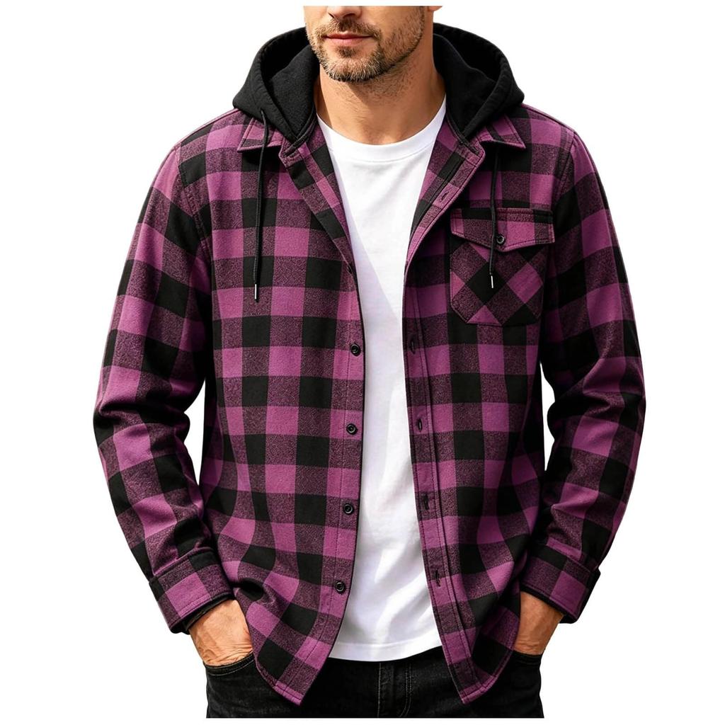 Men's Casual Long Sleeve Plaid Shirt Jacket with Hood and Pockets, Button Down Loose Fit