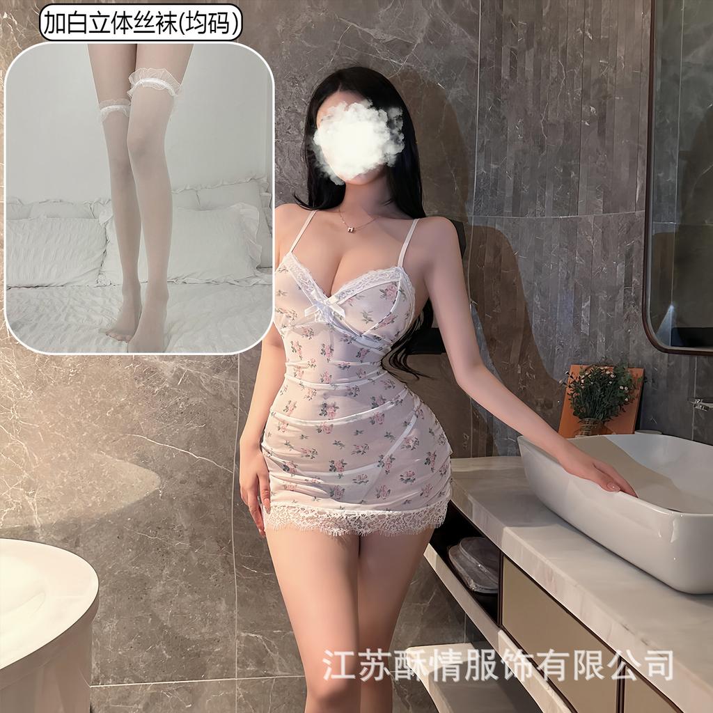Underwear lace hollow deep V hip skirt sexy perspective mesh floral suspender nightdress