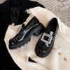 Sheepskin version~ platform loafers women's British style thick heel square buckle rhinestone small leather shoes French retro leather single shoes