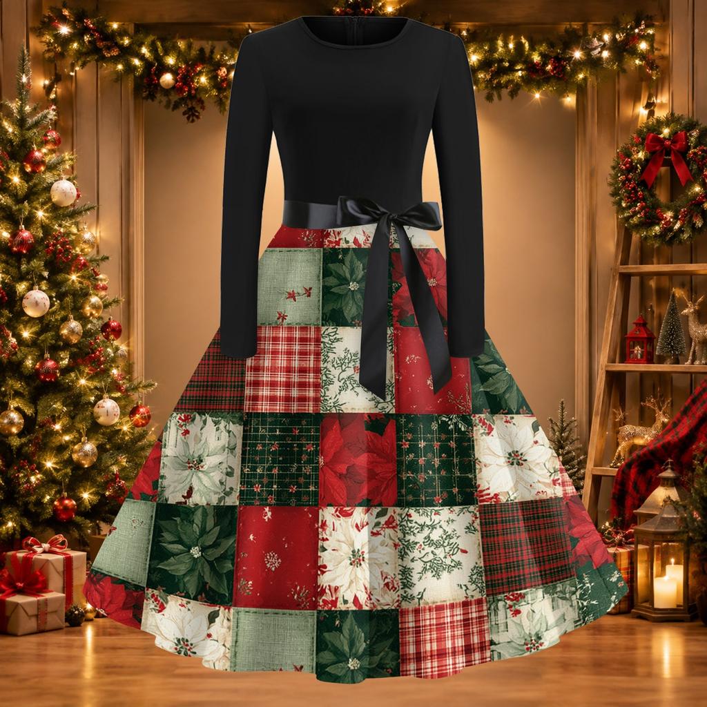 Women's Casual Vintage Christmas Print Neck Dress