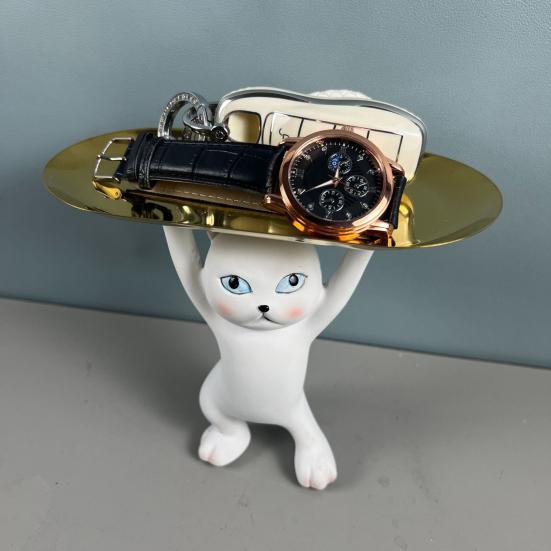 Cartoon Cat Key Storage Tray Resin Standing Cat Figurine Statue with Tray Multi-purpose Jewelry Trinket Holder Organizer Decoration