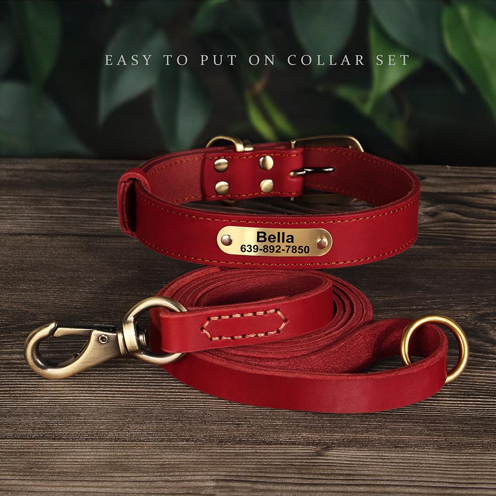 Personalized Dog Collar Leash Set Durable Genuine Leather Dog Collars Engraved Pet ID Necklace With Lead For Small Large Dogs