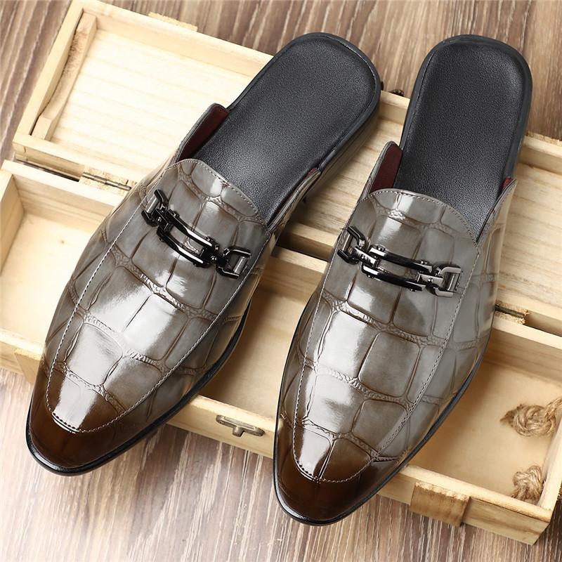 New Men's Black Grey Brown Crocodile Pattern Leather Half Slippers Shoes Male Casual Mules Moccasins Breathable Loafers