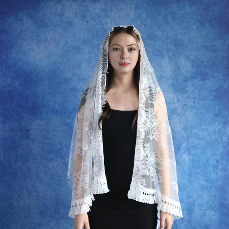 Eleganter spanischer Spitzen-Mantilla-Schleier für die katholische Kirche, Vintage-Kopfbedeckung für die lateinische Messe, gefranster Blumenschleier, Kopftuch