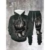 Men'S 3D Wolf Print Hoodie And Sweatpants Set - Gothic Wolf Howling At The Moon Design, Polyester Two-Piece Suit with Pockets Streetwear, Suitable
