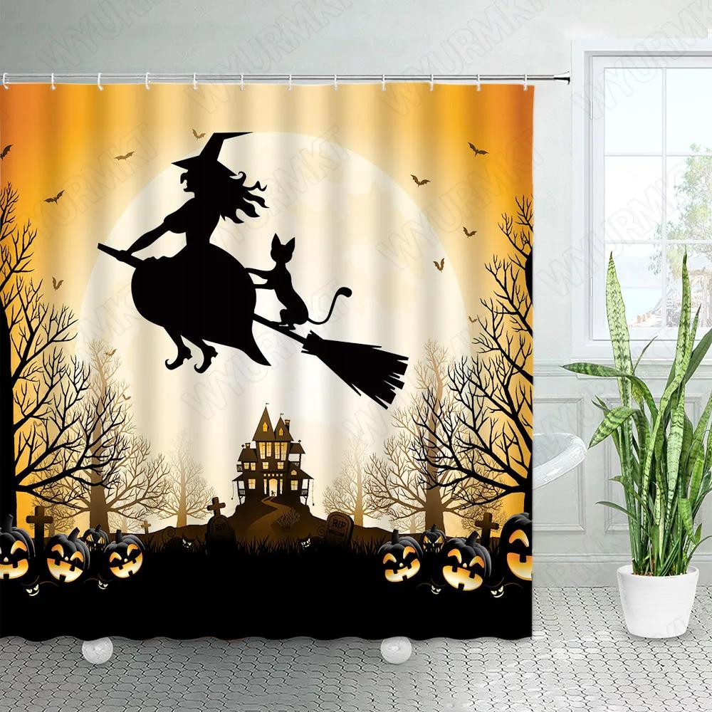 Hororová Halloweenská Sprchová Závěs Zábavná Dýně Čarodějnice Černá Kočka Mrtvý Strom Hrad Noční Scenérie Látka Koupelnová Dekorace Sprchové Závěsy