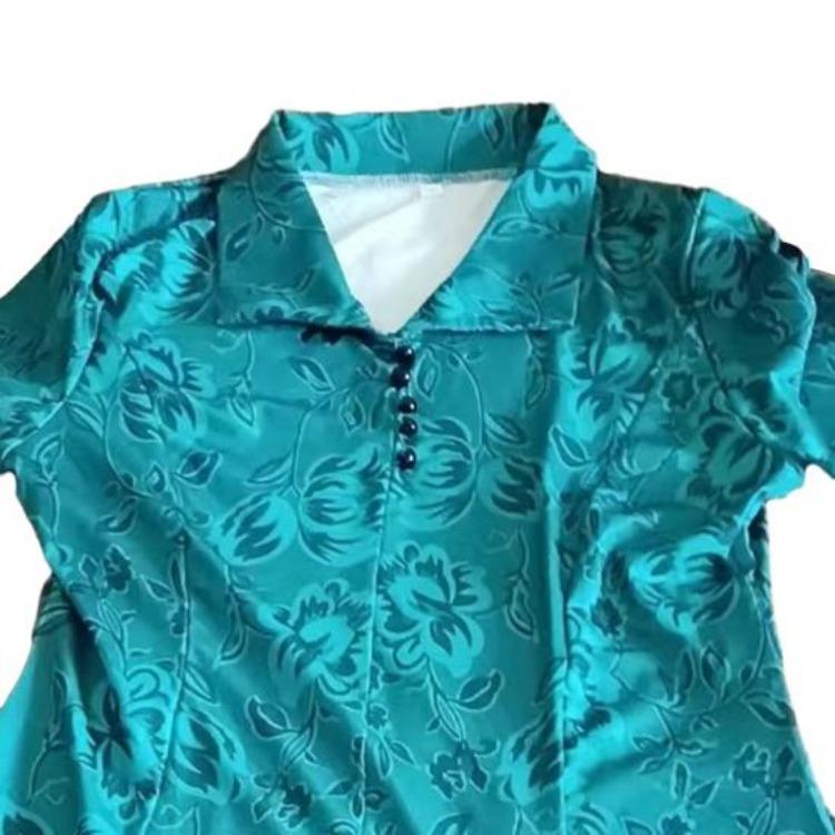 Spring Fall Floral Printed V Neck Lapel Collar Short Sleeves A-Line Midi Dress Casual Knee Length Dress for Women Middle Aged Ladies