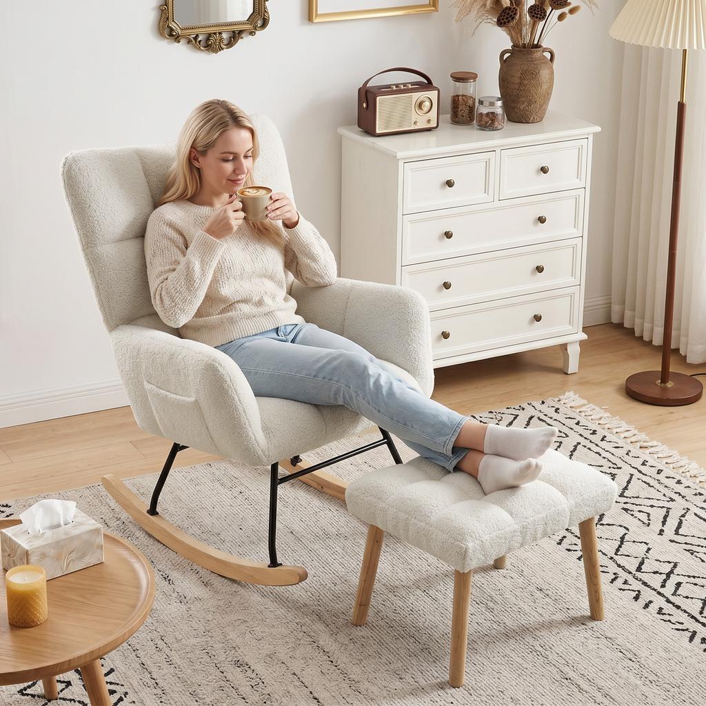 Rocking Chair With Footrest Boucle Fabric Rocking Chair Padded Seat Wide Backrest Cream