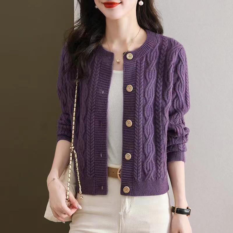 2026 Women's Round Neck Cable Knit Cardigan - Autumn/Winter Trendy Short Sweater Coat