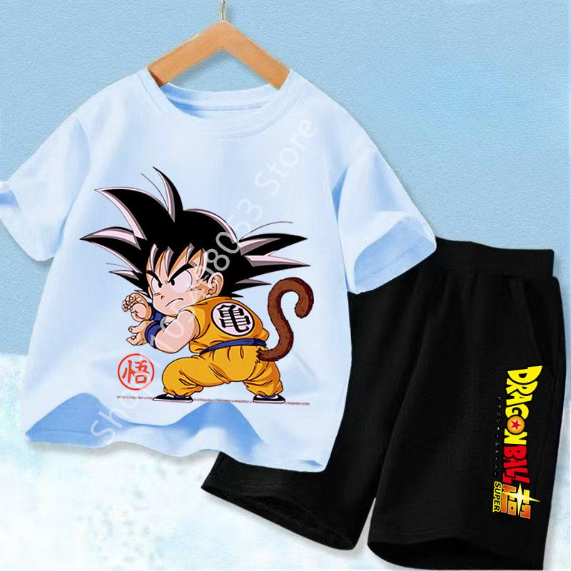 2026 Anime Cool Goku Dragon Ball Z Boys CosPlay Short Sleeve Shorts with Pocket Beach Pants Breathable T-shirt Kids Suit