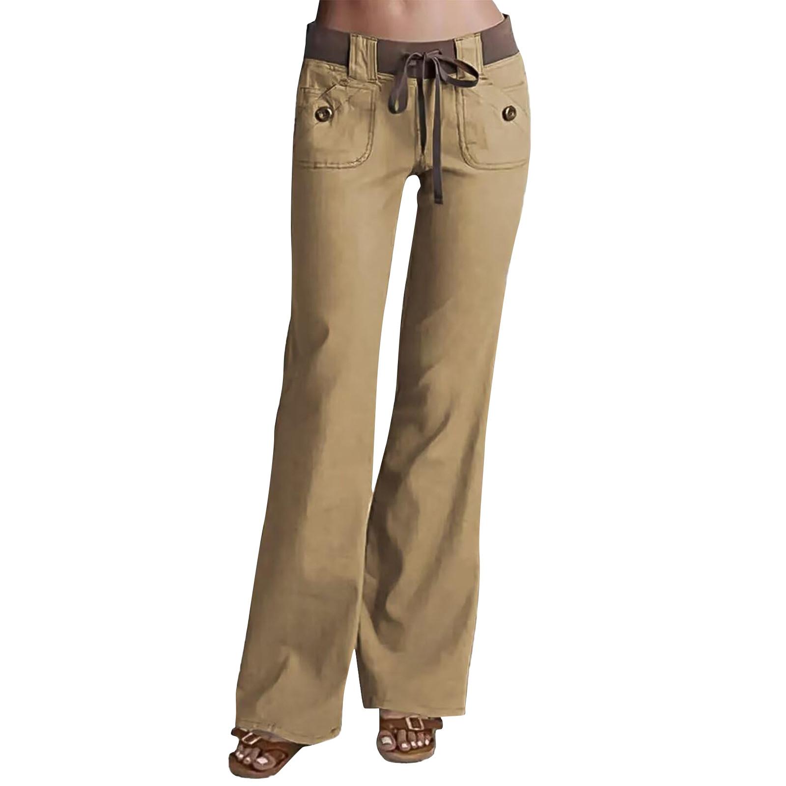 

Женские льняные брюки с широкими штанинами, эластичные брюки-палаццо с высокой талией, повседневная свободная одежда для пляжного отдыха с карманами M бежевый