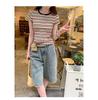 Women's American Retro Color Block Striped T-Shirt - 2025 Korean Style, Versatile Slim Fit, Round Neck