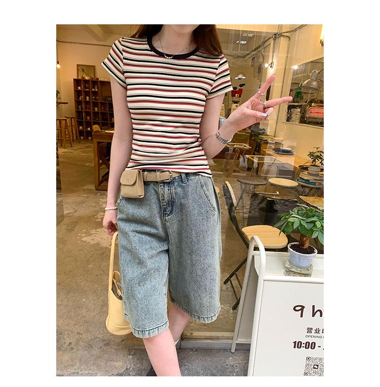 Women's American Retro Color Block Striped T-Shirt - 2025 Korean Style, Versatile Slim Fit, Round Neck