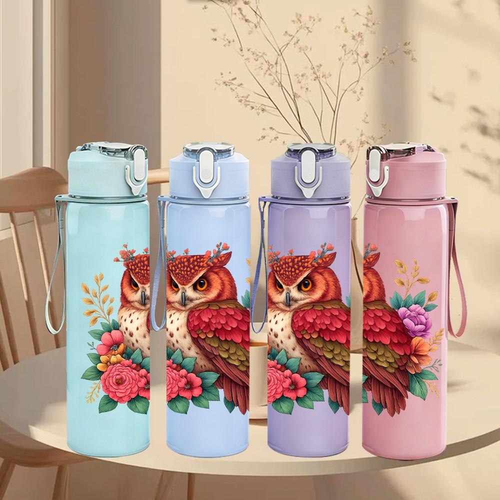 1PC Floral Wreath Red Bird 750ml Color Plastic Sports Water Bottle Leakproof Flip Straw Lid Suitable for Sports Office Home Use