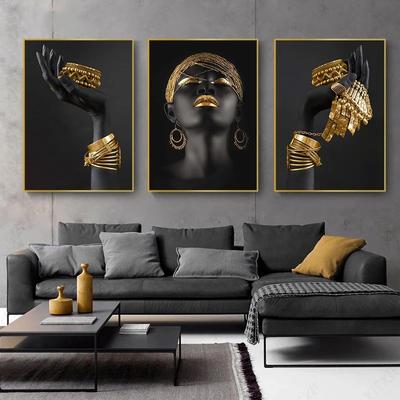 Poster e Stampe d'Arte Donna Nera Grande che Tiene Gioielli d'Oro Immagine su Tela Decorazione per la Casa Pittura Arte Murale Donna Africana