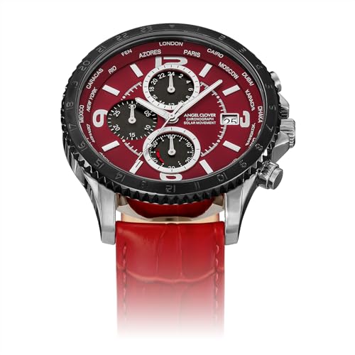 Angel Clover Men's Watch, MONDO SOLAR, Solar Battery, 10 ATM Water Resistance, Mineral Glass, Red Dial, Stainless Steel, NMOS44SBRE-RE, Red