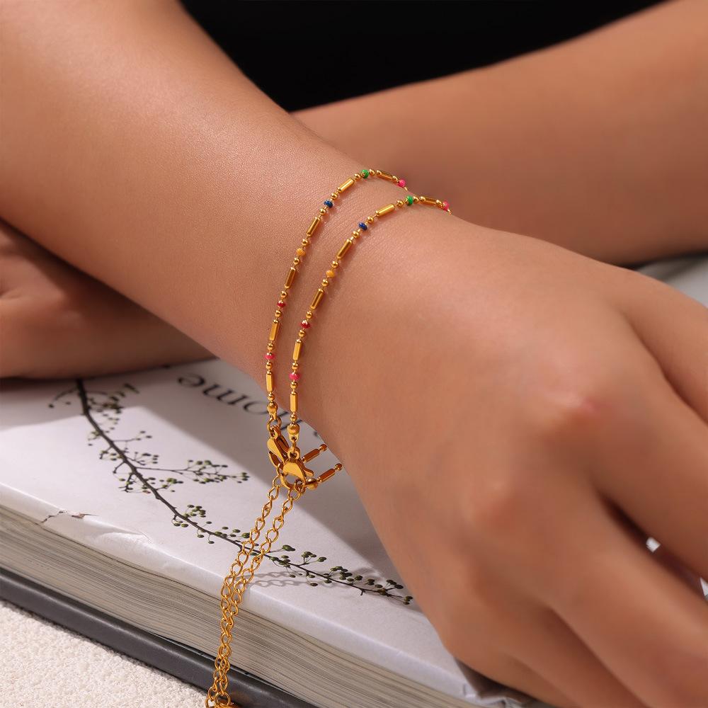 Sweet Wind Color Mini Design Oil Drop Round Bead Necklace Women'S Simple Gold Anklet Bracelet Titanium Steel Set