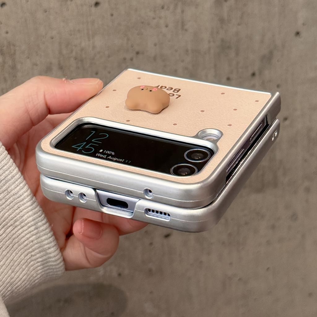 New Little Fresh Plating Veneer Bear Coffee Folding Phone Case for Samsung Galaxy Z Flip 6 5 4 3