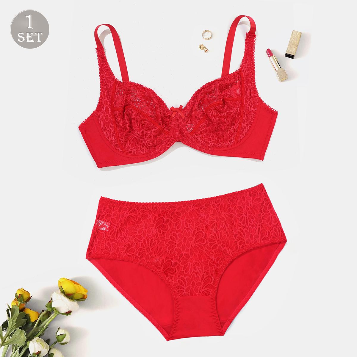 

Мереживний комплект бюстгальтера та трусиків - Регульовані бретелі, Елегантне квіткове мереживо, Зручна жіноча білизна 85D червоний