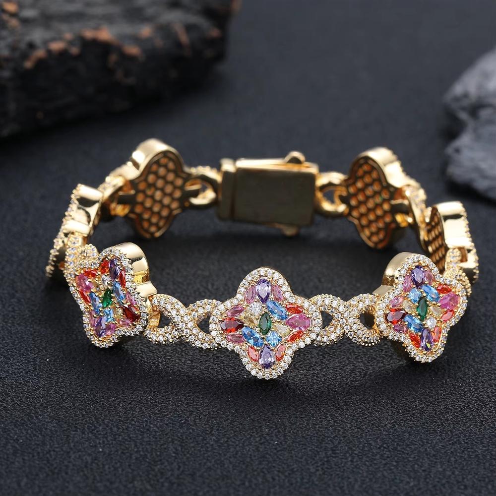 Luxury Iced Out Colorful CZ Four Leaf Clover Infinity Link Bracelet 18K Gold Plated Brass Lucky Jewelry for Women Men