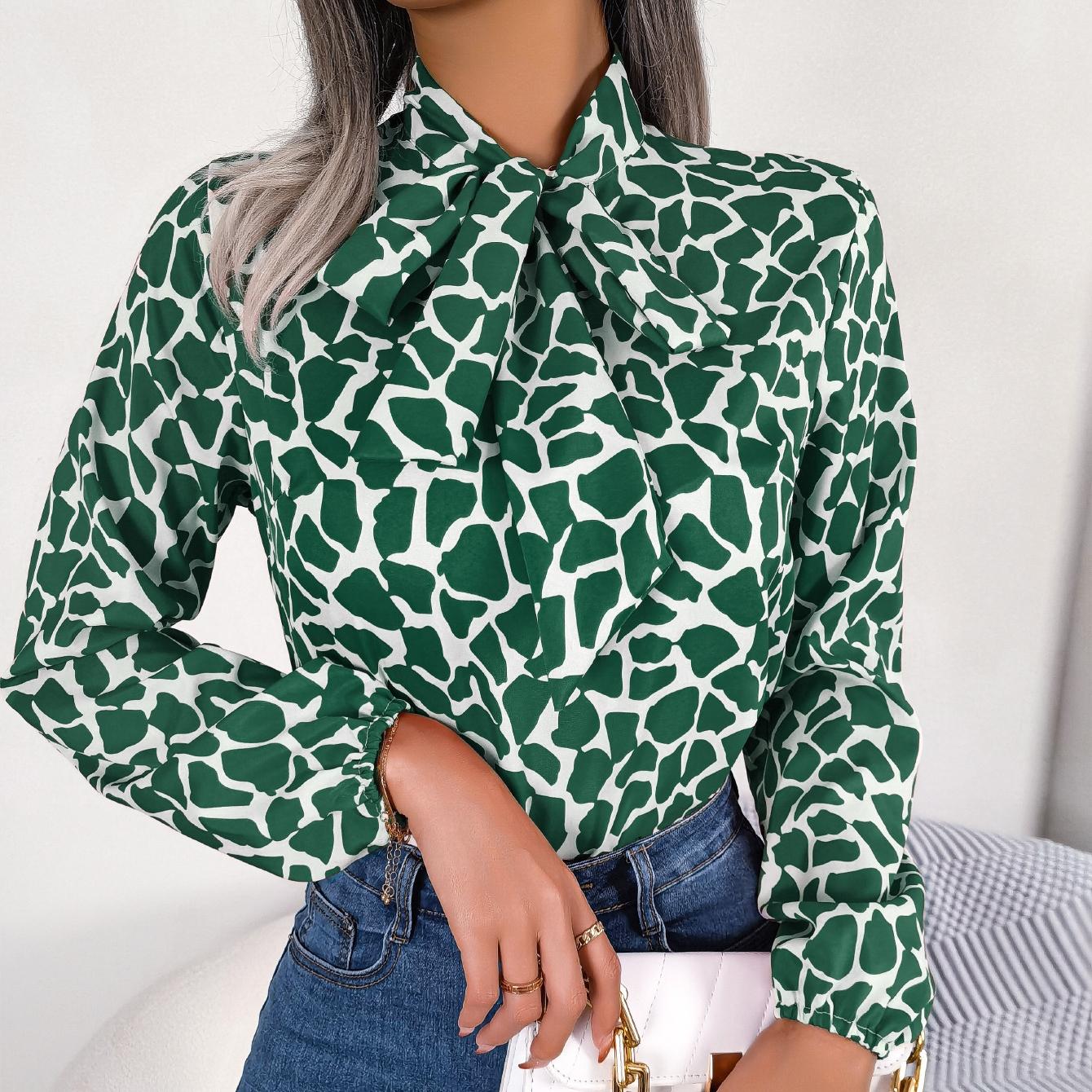 

GMXIA Женские модные повседневные летние блузки с v-образным вырезом и длинными рукавами и контрастные шифоновые рубашки с рукавами-фонариками XL зелёный