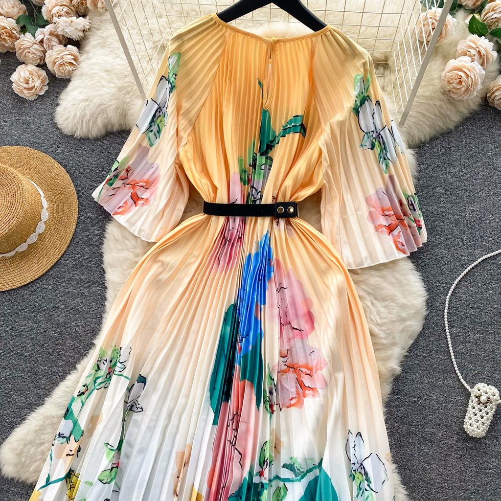 Spring Autumn Women Print Loose Pleated Dress Half Sleeve Oversized Long Maxi Robe