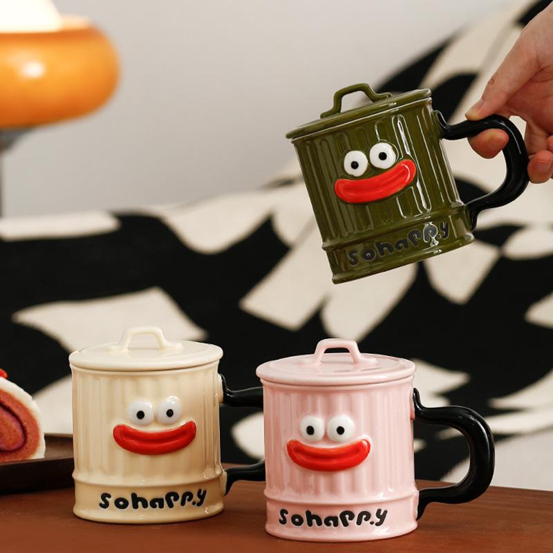 Cartoon Big Mouth Mug Smiling Face Cute Ceramic Cup with Lid Small Gift Couple Water Cup High Temperature Resistance Cup Student