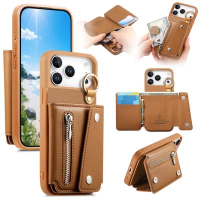 Zipper Cards Solt Leather Wallet Case for iPhone 17 Pro Max 16 Plus 15 14 13 12 11 17air Ring Holder Triple Fold Bag Stand Cover