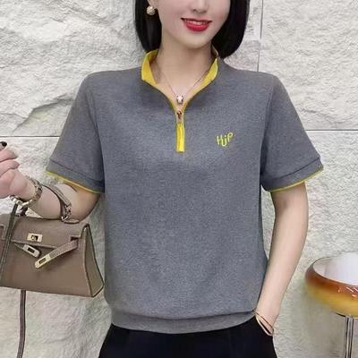 2026 Pure Cotton Color Block Stand Collar Half Zip Short Sleeve T-shirt