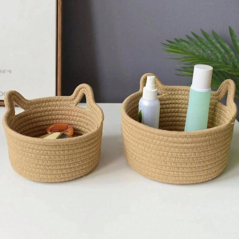 1pc Small Handwoven Cat Ear Design Rope Storage Basket, Desktop Storage Basket for Living Room, Bedroom, Desk, Bedside