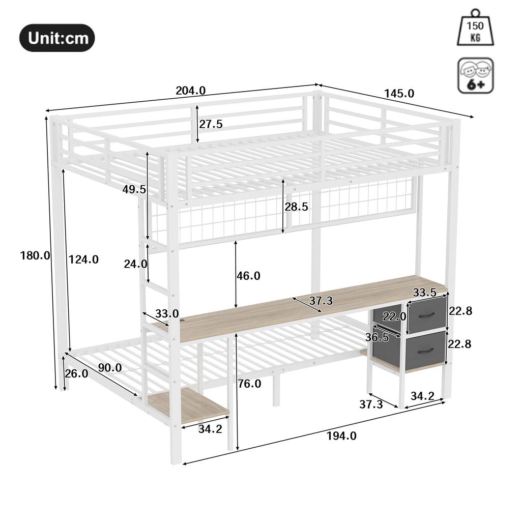 Bunk Bed 90x200 & 140x200 Cm LED Lighting USB Ports Drawers Shelves Hanging Shelves Metal Frame White (without Mattress)